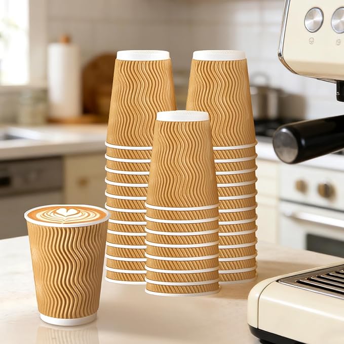 500 Pack 12 oz Coffee Cups, Disposable Corrugated Insulated Ripple Wall Paper Coffee Cups 12oz for Hot or Cold Drinks Office Home Cafe Party Travel (Champagne)