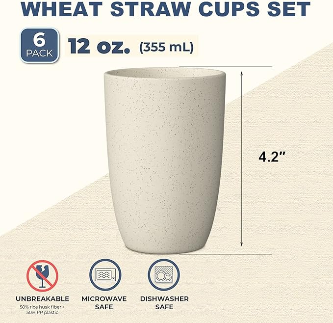 Wrova Wheat Straw Cups 6 PCS Good Alternative to Plastic Reusable Cups 12 oz Unbreakable Drinking Cup Reusable Dishwasher Safe Water Plastic Glasses Beige