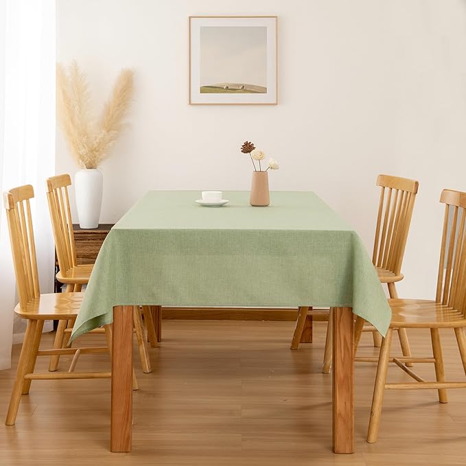 Hiasan Faux Linen Rectangle Tablecloth - Wrinkle and Stain Resistant Washable Table Cloth for Kitchen Dining Room Holiday Table Cover for Dinner, Green, 90 x 132 Inch