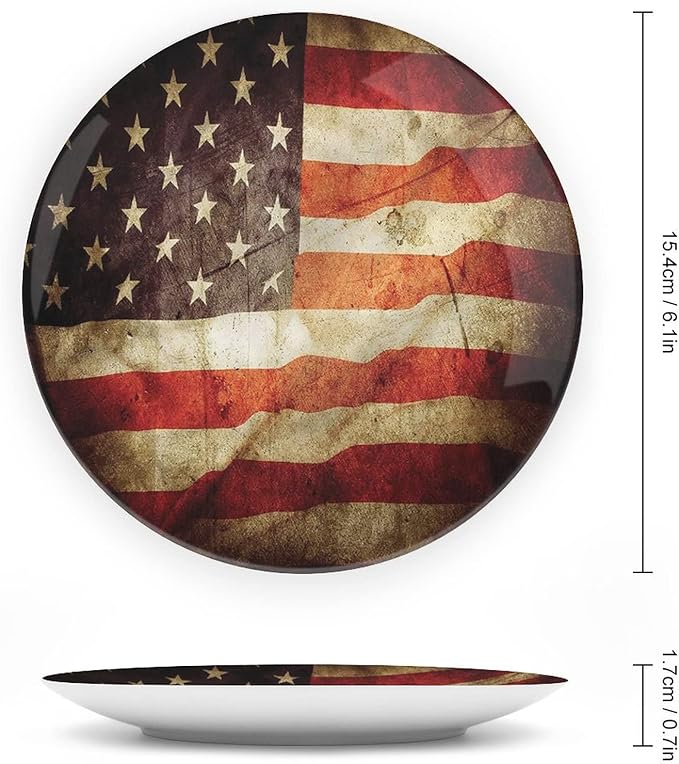 Ceramic Plates, American Flag Decorative Ceramic Plates, Grunge Look Patriotic, 7 Inch, Household Plates Decorative, Multicolor