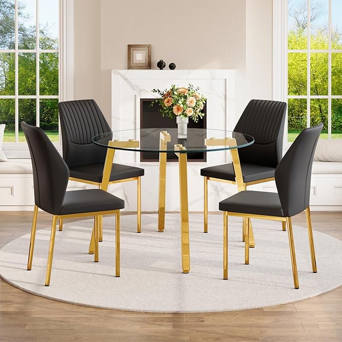 42" Round Glass Dining Table Set for 4,Modern Breakfast Table Set for 4 with Luxury Gold Chrome Legs,Space Saving Kitchen Table and Black Chairs for Apartment,Easy Assembly