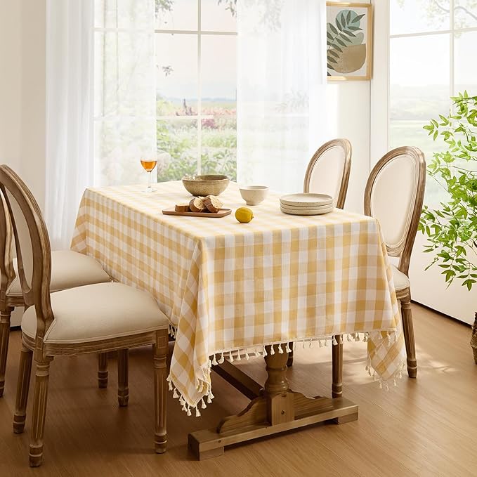 Softalker Checkered Tablecloth Rectangle, Outdoor Linen Cotton Gingham Table Cloth with Tassel, Heavy Duty Wrinkle Free Buffalo Plaid Table Cover for Kitchen Dining Home Party - 55 x 70 Inch, Yellow