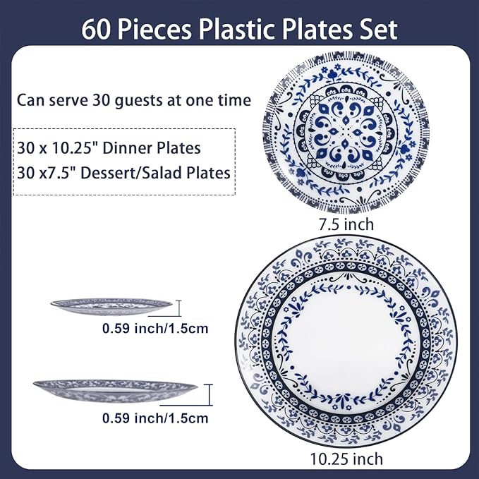 Hioasis 60pcs Blue Plastic Plates Set - Floral Blue & White Porcelain Design, 10.25" Dinner & 7.5" Dessert Plates Disposable for Wedding (Dishwasher Safe, Traditional Style)