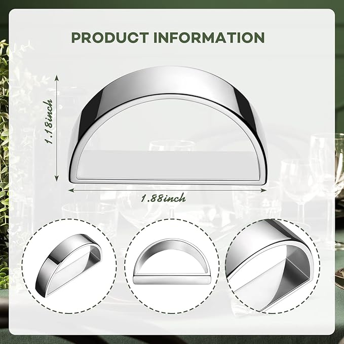 8 Pcs Stainless Steel Napkin Rings Metal Napkin Ring Holders Valentine's Day Modern Serviette Buckles Metallic Adornment for Spring Table Kitchen Dinner Party Wedding(Bright Silver Semicircle)
