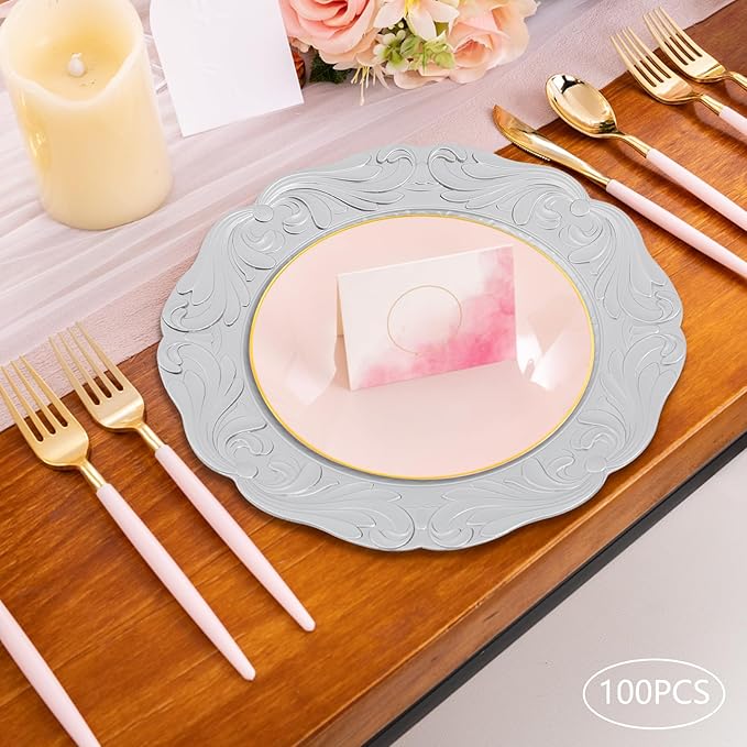 Charger Plates, 100pcs Silver 13inch Plastic Dinner Plate, Round Plastic Dinner Plate with Delicate Texture for Parties Wedding (Silver)