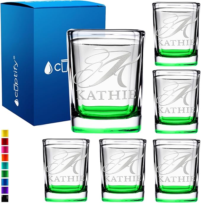 Personalized Shot Glasses Set of 6 Initial and Name 2oz Green Bottom Etched Square Shot Glass Engraved with Custom Text Birthday Gift for Men and Women