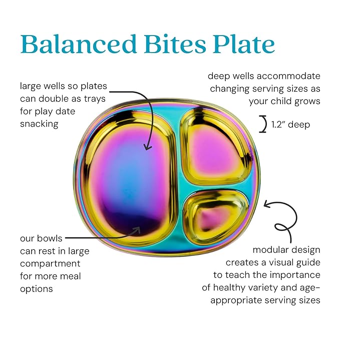 Ahimsa Stainless Steel Plates For Kids, Pediatrician Designed Colorful Divided Plates for Toddlers & Baby, Non Toxic, Unbreakable & Dishwasher Safe, Rainbow Set of 4