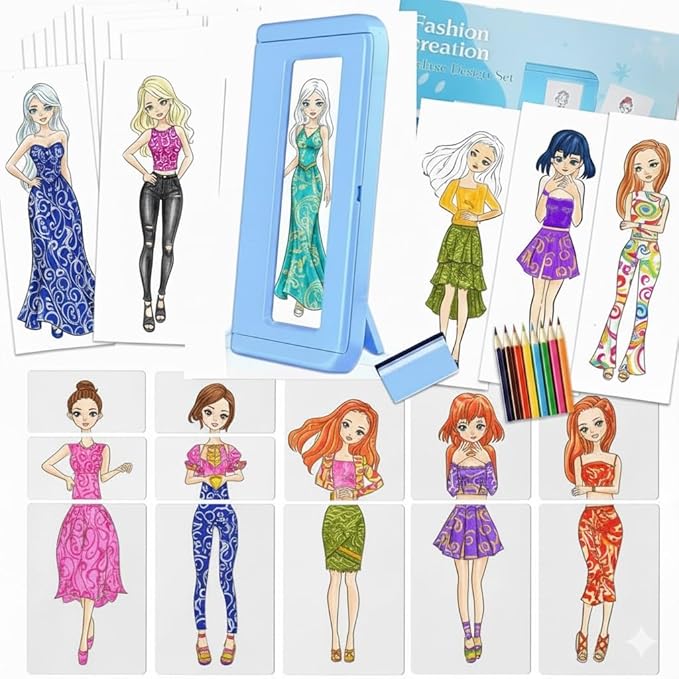 Innosurg Complete Designer Studio, Kids Fashion Rubbing Plates Kit, 15 Double-Sided Texture Art, Includes Crayons, Pencils, Paper & Display Frame, Creative Educational Gift for Boys & Girls 5+