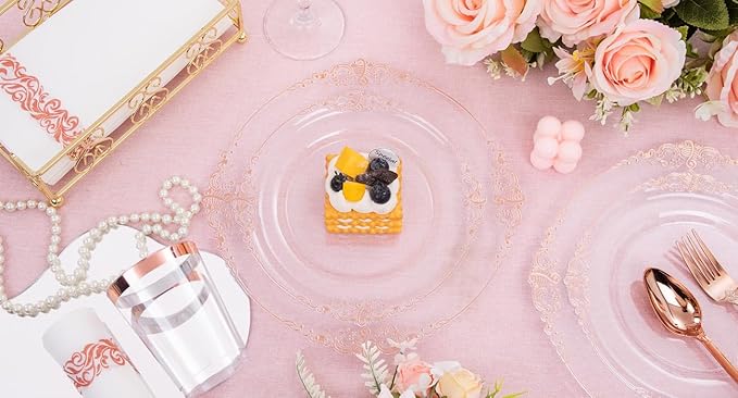 Hioasis 175pcs Clear Rose Gold Plastic Plates - Elegant Disposable Dinnerware Set Suitable for 25 Guests Include 10.25" Dinner & 7.5" Dessert Plates, Cutlery, Napkins, Cups for Party