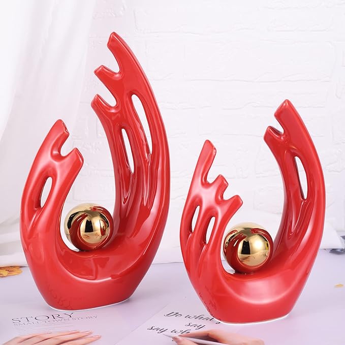 LCCCK 12" H Red Gold Aesthetic Room Decor Accent, TV Stand Funky Table Centerpiece, Abstract Art Ceramic Statue and Sculpture, Red Decor for Living Room, Bookshelf Decorative Objects, Shelf Decor