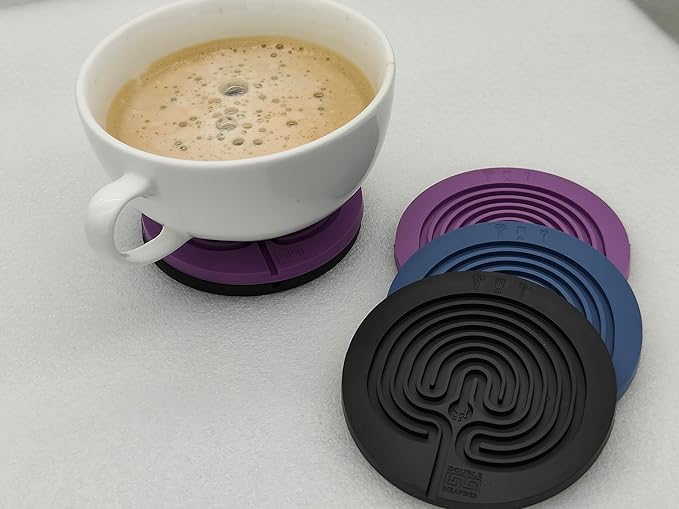 Classic Labyrinth Blue Silicone Coasters - Set of 8 Non-Slip, Heat-Resistant Drink Coasters for Coffee, Tea, and Glasses - Durable, Easy to Clean, Decorative Tabletop Protection
