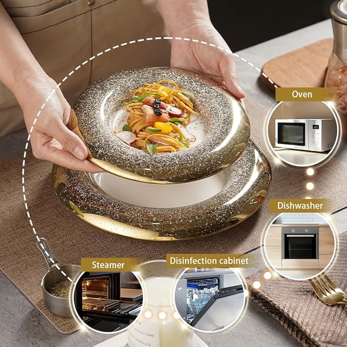 Ceramic Pasta Bowl Plates Set - Ballet Design with Gradient Gold Finish, Dinner Plates for Salad, Pasta & Sushi, Dishwasher Safe, Restaurant & Home Dinnerware