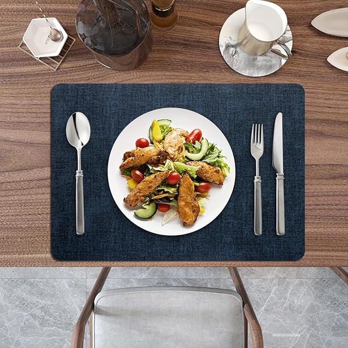 Placemats Set of 8 Washable, Heat Resistant Table Placemats Wipeable Faux Leather Place Mats Non Slip, Waterproof Square Table Mats for Indoor Outdoor, Dark Blue