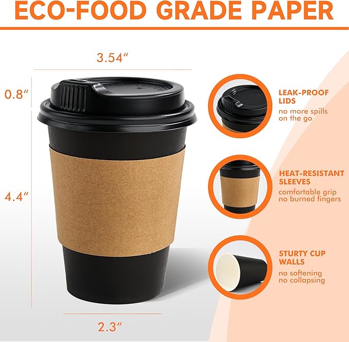 100 Pack 12 oz Disposable Coffee Cups with Lids and Sleeves, Sturdy Paper Cups for Hot/Cold Drinks, Leak-Proof To Go Coffee Cups with Lids for Home, Café, Events, Office, Black