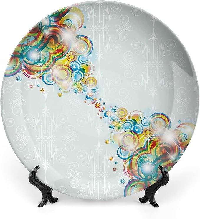 Ceramic Plates, Abstract Decorative Ceramic Plates, Modern Design Rainbow Waves Circles Patterned, 7 Inch, Household Plates Decorative, Multicolor