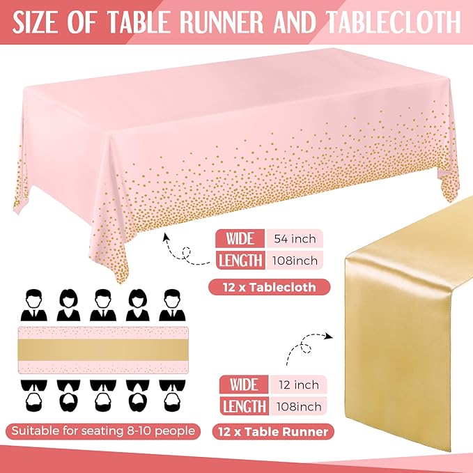 Breling 24 Pack Pink and Gold Disposable Plastic Tablecloths and Satin Table Runner Set, 54 x 108 Inch Tablecloth, 12 x 108 Inch Table Runners for Wedding Graduation Birthday Baby Shower