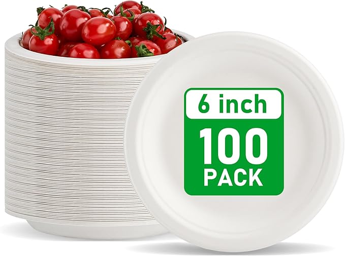 RACETOP Compostable Small Paper Plates 6 Inch [100 Pack], Dessert Plates, Disposable Biodegradable Heavy Duty Paper Plates, Made of Natural Sugarcane Fibers, Unbleached White, Round