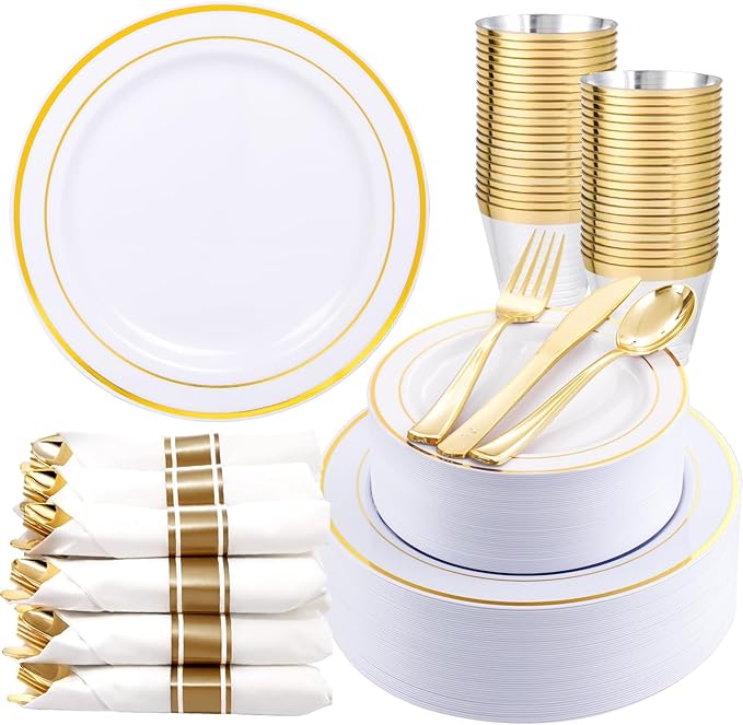 350Piece Gold Dinnerware Set for 50 Guests - Gold Plastic Plates with Disposable Cutlery Include:50Dinner Plates-50Dessert Plates-50Pre Rolled Napkins with Silverware for Valentine’s Day