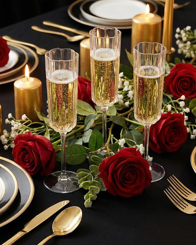 Ciaell 24 Pack Plastic Champagne Flutes - 6 Oz Flower Wavy Champagne Plastic Glasses - Heavy Duty Vintage Disposable Flutes for Party & Anniversary & Wedding