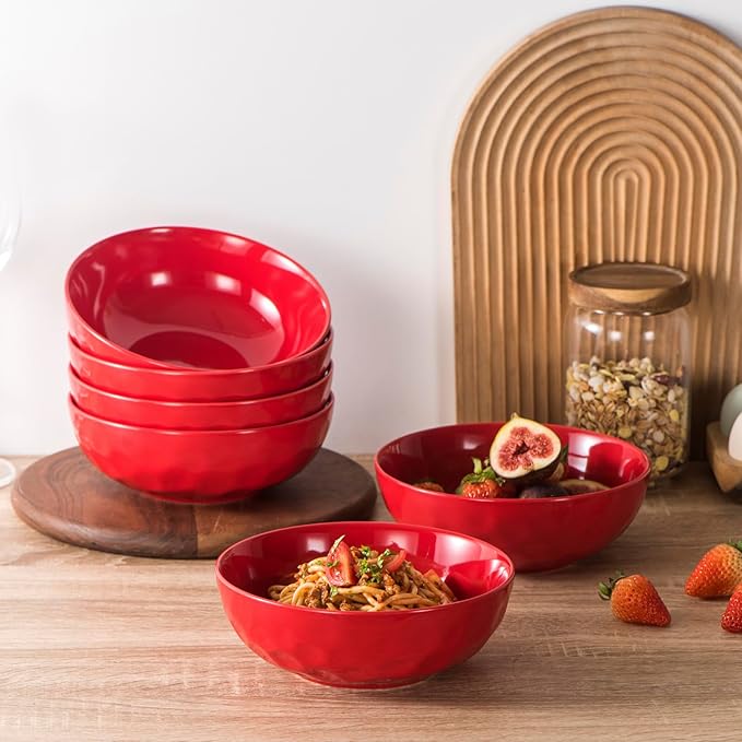 vicrays Ceramic Salad Bowls Set for Kitchen, Serving - 32 Ounce Soup Bowls, Pasta Bowls, Chip Resistant, Dishwasher Microwave Safe, Large, Fluted, stoneware, Set of 6 Red