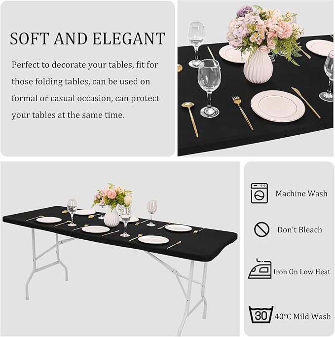 4 Pack Spandex Table Top Cap Cover Stretch Fitted Washable Elastic Rectangle Tablecloth for 6 FT Folding Tables for Indoor Outdoor Party (72 x 30 Inches, Black)