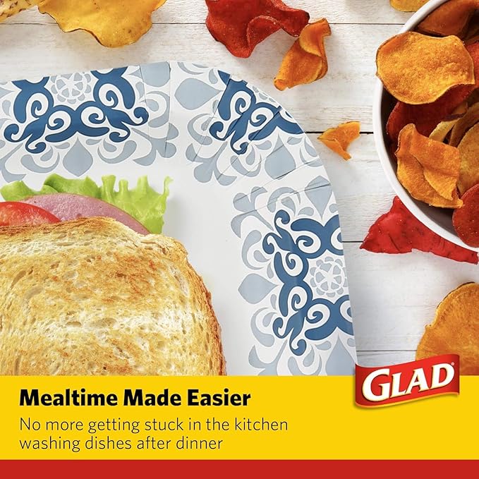 Glad Square Disposable Paper Plates, Blue Victorian Pattern - Strong, Sturdy, Soak Proof, and Microwavable Decorative Plates for Dinner and Everyday Use, 10 Inch, 50 Count - 12 Pack