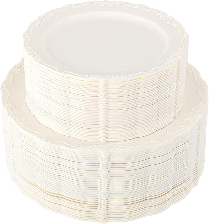U-QE 100 Pieces Ivory Plastic Plates for Party - Ivory Disposable Plastic Plates - Heavy Duty Disposable Platos Including 50 Dinner 10 '' & 50 Dessert 7.5 '' for Valentine's Day