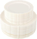 U-QE 100 Pieces Ivory Plastic Plates for Party - Ivory Disposable Plastic Plates - Heavy Duty Disposable Platos Including 50 Dinner 10 '' & 50 Dessert 7.5 '' for Valentine's Day