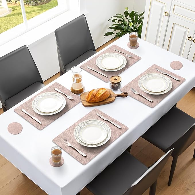 MOSAYT Faux Leather Placemats Set of 6, Heat Resistant Vinyl Place Mats with Coasters, Wipeable Washable Waterproof Oil Proof Table Mats for Kitchen Dining Indoor Outdoor, 12" x 17", Pink