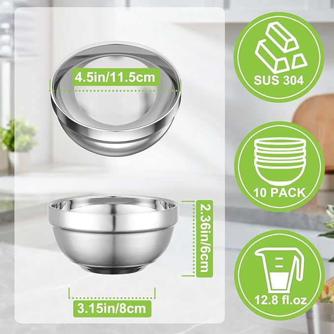 Stainless Steel Bowls Bulk, 10 Pack 4.5in 12.8oz 380ml Mini Small SUS304 Double Wall Insulated Stackable Metal Eating Bowl Containers for Restaurant Serving Snacks Ice Cream Soup Cereal Rice