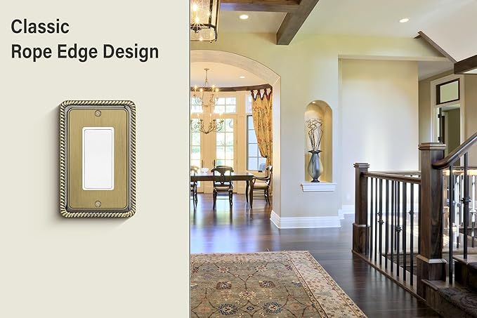 Henne Bery Rope Edge Decorative Wall Plate Switch Plate Outlet Cover (Single Decorator, 3 Pack, Antique Brass)