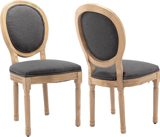 Vintage French Dining Chairs Set of 2, Round Back Accent Chairs with Linen Seat and Solid Wood Frame, Farmhouse Sillas de Comedor Upholstered for Dining Room & Kitchen, Gray