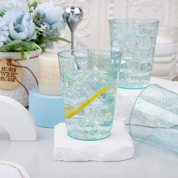 DaYammi 100 Pack 10 oz Blue Plastic Cups Disposable Cups Tumblers, Elegant Blue Glitter Party Drinking Cup Perfect for Wedding, Fancy Disposable Cups Plastic Cocktail Glasses Wine Glasses for Party