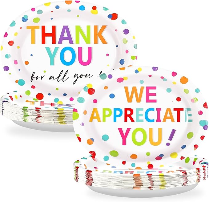 Grencian 50Pcs Thank You Oval Paper Plates 10" x 12" Large Heavy Duty We Appreciate You Paper Plates We Will Miss You Platter for Christmas Volunteer Employee Teacher Doctor Appreciation Party Decor