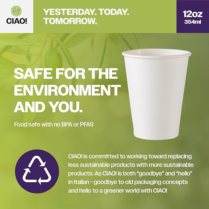 CIAO! 12oz White Paper Hot Cup, Disposable, 90mm Diameter 1,000 Count
