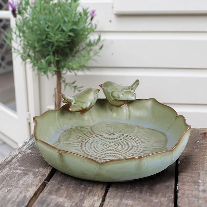 Ceramic Bird Bath Bowl with Perched Birds - Premium Outdoor Tabletop Birdbath Basin in Weather-Resistant Glaze - Usable on Ground, Deck or Tabletop
