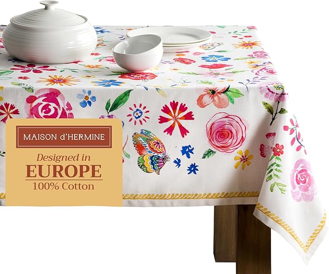 Maison d' Hermine Table Cloth Rectangle Table 100% Cotton 70 x 120 Inches Tablecloth Reusable Decorative for Dining Room Farmhouse Home Valentines Day Decorations Spring Summer- Happy Florals - Sweety