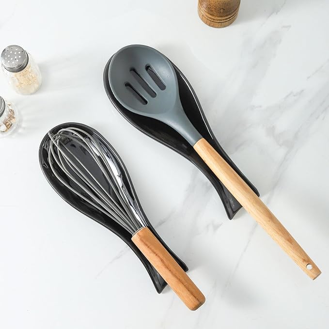 Ceramic Spoon Rest for Stove Top,Large 8.7 Inch Spoon Holder for Kitchen Counter,Porcelain Utensil Rest for Thankgiving and Christmas Gift,Dishwasher Safe and Heat-Resistant,Black(2 PC)