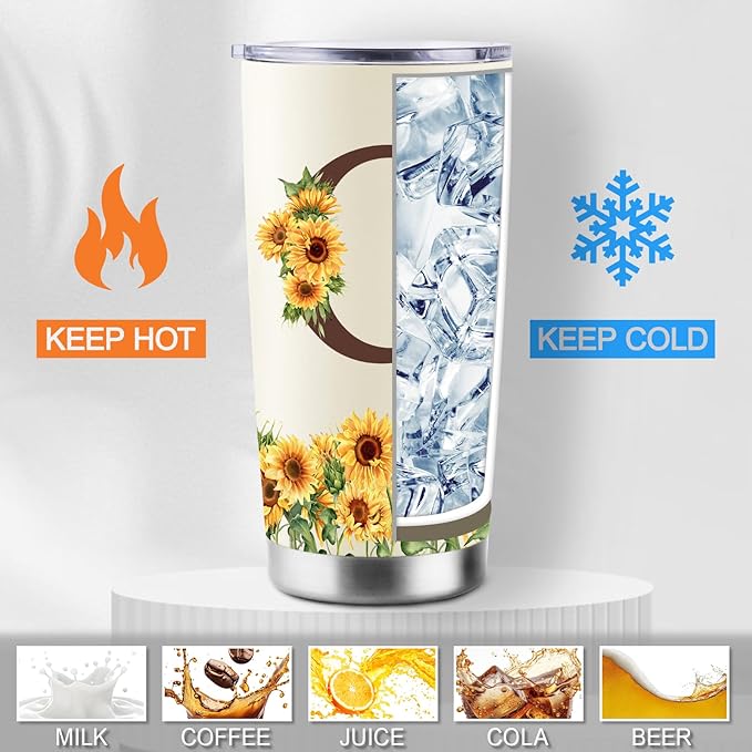 Sunflower Gifts for Women - Personalized Christmas Gifts for Women - Birthday Gift for Woman - Mothers Day Gift for Mom - Monogrammed, Initial 20oz Travel Cup Insulated Tumbler with Lid, C