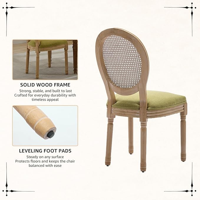 Vintage French Rattan Dining Chairs Set of 2, Round Back Accent Chairs with Rattan Backrest and Upholstered Linen Seat, Solid Frame Wood Sillas de Comedor for Dining Room & Kitchen, Olive Green