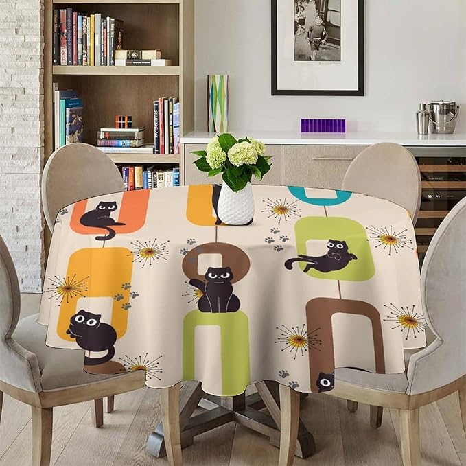 Bohemian Black Cat Round Tablecloth, Rustic Vintage Mid Century Geometric Tablecloth for Home Party Dining Room Kitchen Decor 50Inch(127cm)