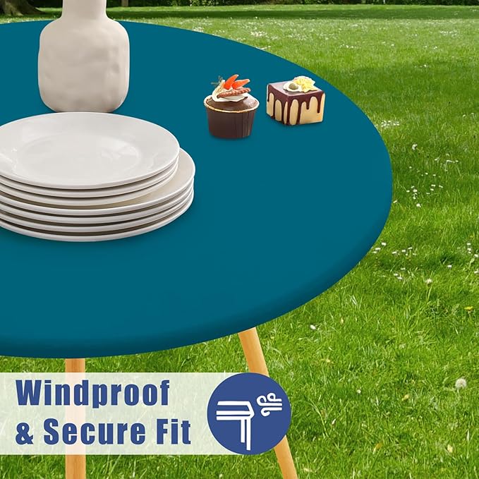 Round Spandex Tablecloth, Elastic Fitted Waterproof Tablecloths for 31"-35" Tables, Stretch Washable Picnic Table Cover for Camping, Dining, Indoor and Outdoor,Peacock Blue