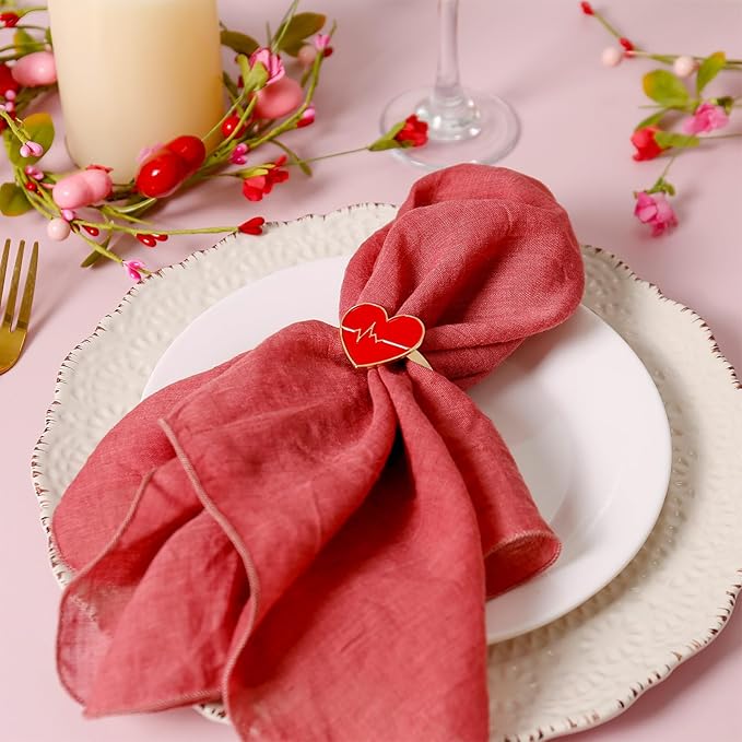 Red Love Napkin Rings Set of 6, Valentines Day Napkin Ring Holders for Ceremony Decor Wedding Anniversary Dinner Party