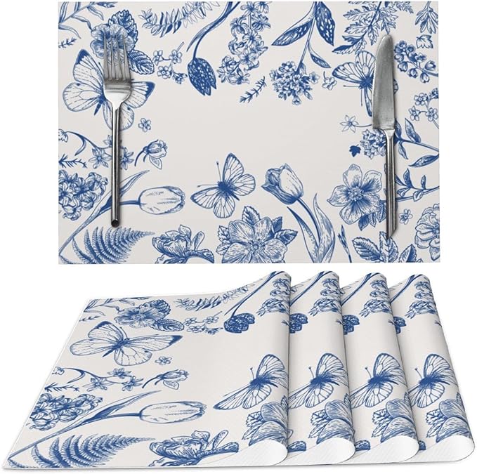 Vintage Flower Butterfly Placemats Set of 4 Washable Table Place Mats for Dining Kitchen Party Decor