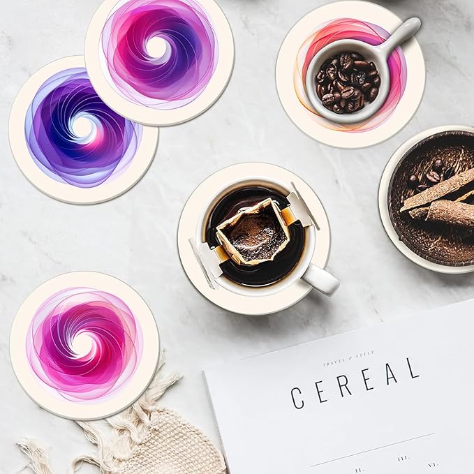 Boho Set of 6 Coasters for Drinks Absorbing Round Ceramic Stone Coaster with Cork Base,Tabletop Protection Mat for Mugs and Cups,Office,Kitchen (Colorful Halo)