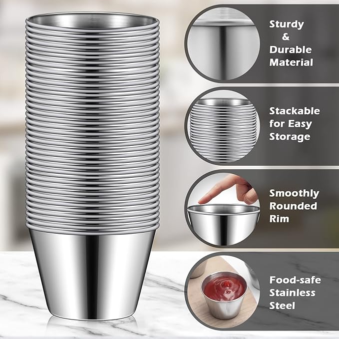 Mimorou 100 Pcs 2.5oz Metal Ramekins Stainless Steel Sauce Dipping Cups Ramekins Bulk Sauce Container Round Dipping Bowls Condiment Cup for Dish Butter Kitchen Restaurant Serving Party Dinner Cooking