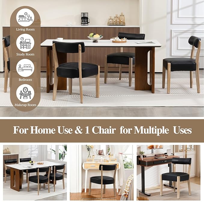 Modern Black Dining Chairs Set of 4 – Mid-Century Modern Faux Leather Upholstered Kitchen & Dining Room Chairs with Curved Back, Oversized Rounded Seat, and Sturdy Wood Frame