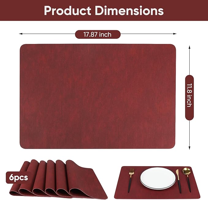 Red Reversible Faux Leather Placemats – Set of 6 Waterproof, Heat-Resistant & Easy-to-Clean Table Mats for Modern Dining