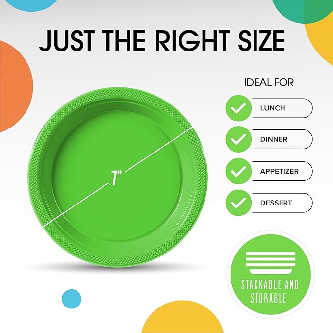 Lime Green Plastic Plates For Party 7" Lime Green Disposable Plates Heavy Duty 100 Pcs Plastic Dinnerware Sets Heavy Duty 350 GSM Disposable Dinnerware Set
