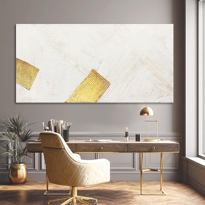 YJYart White Wall Art Hand Paintings Wall Decor Gold Pictures Abstract Canvas Arts 24"x48" for Living Room Dinning Room